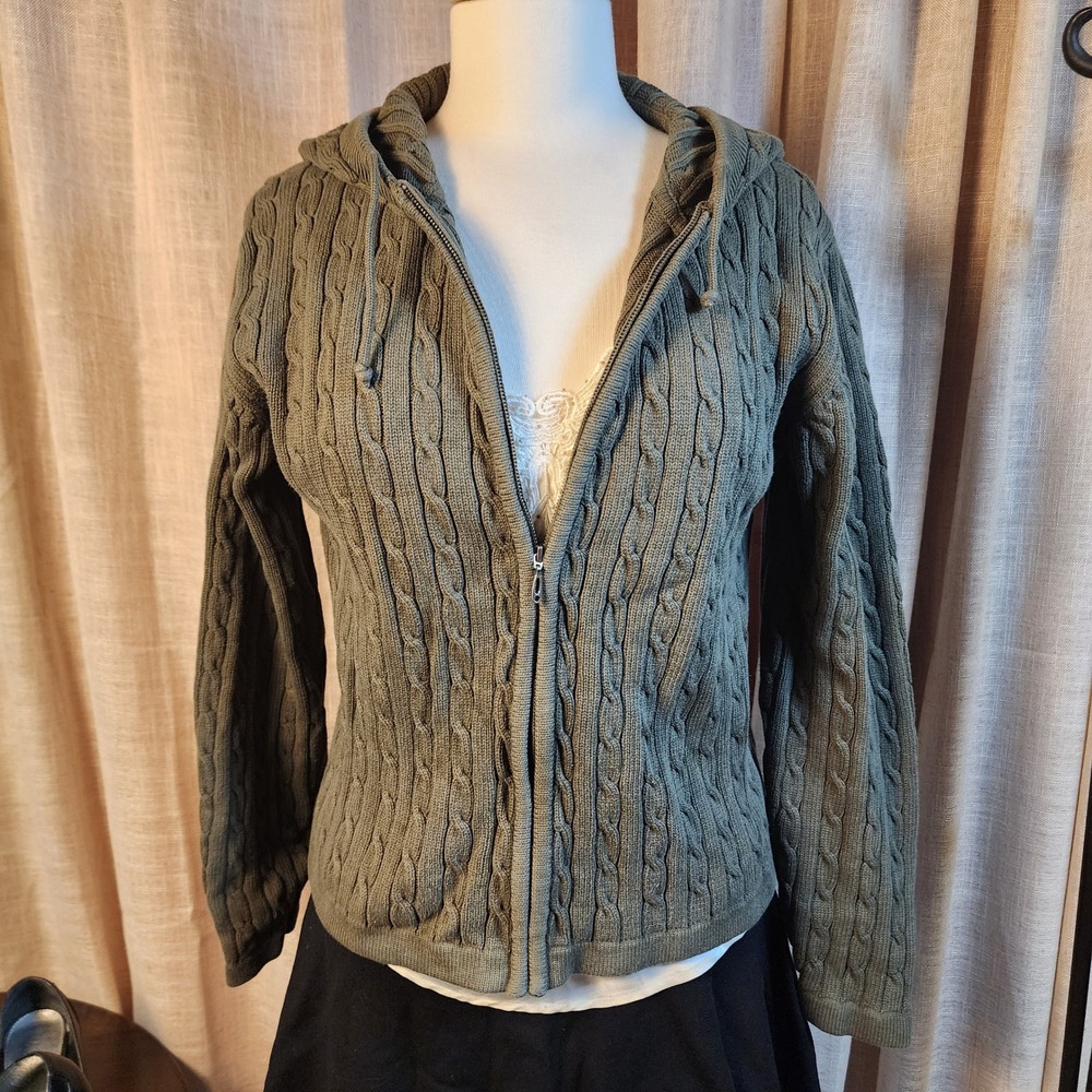 Cabelas Womens L Cable Knit Hooded Cardigan Sweater Full Zip Olive Green Cotton